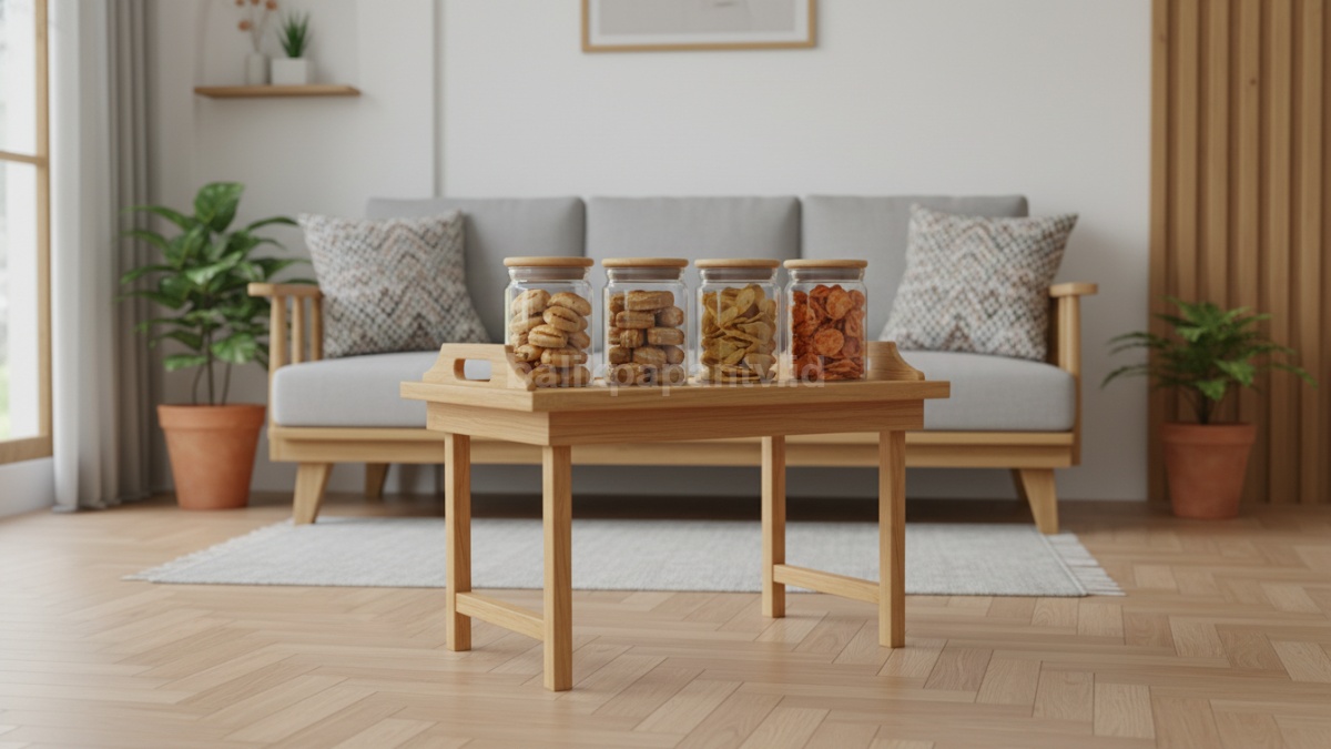 Penataan toples seragam dengan warna senada di meja kayu
