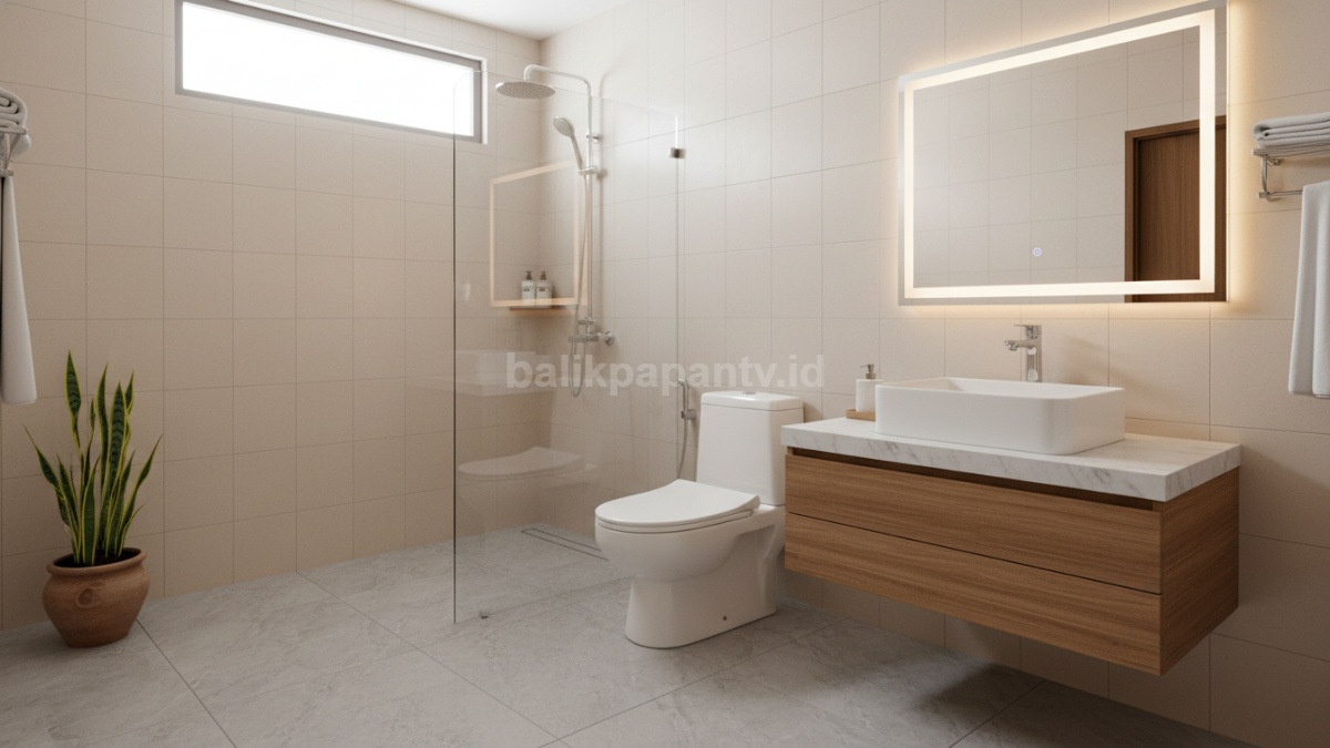 Kamar mandi bersih dan rapi dengan pencahayaan terang dan lantai kering