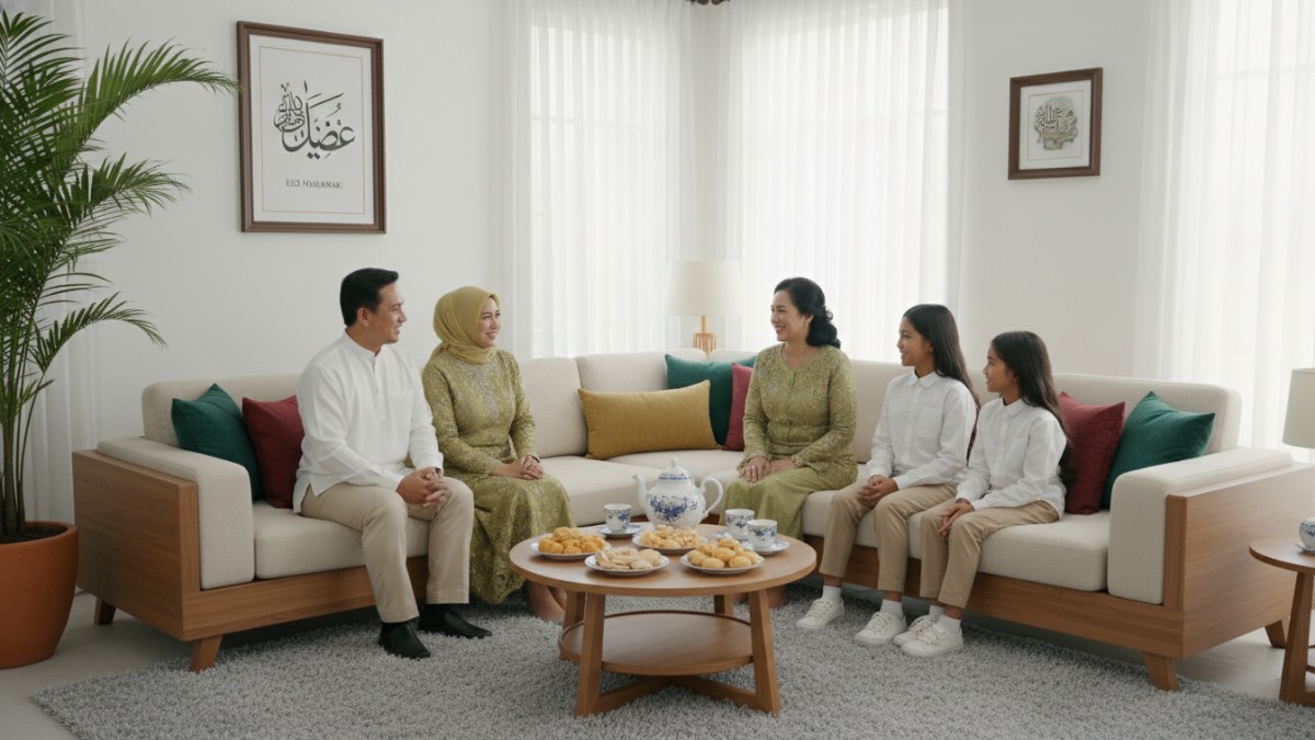 Ruang tamu Lebaran dengan sofa tertata rapi dan terlihat luas 