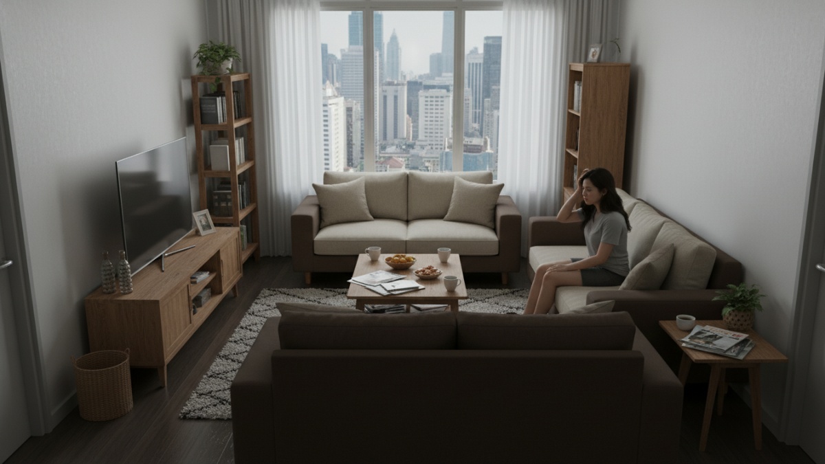 Ilustrasi ruang tamu sempit akibat penataan sofa yang kurang tepat 