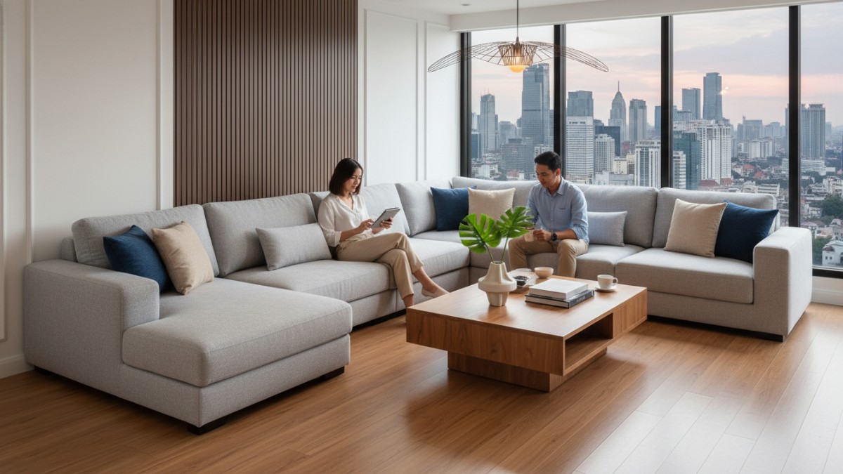 Contoh penataan sofa berbentuk L untuk ruang tamu modern 