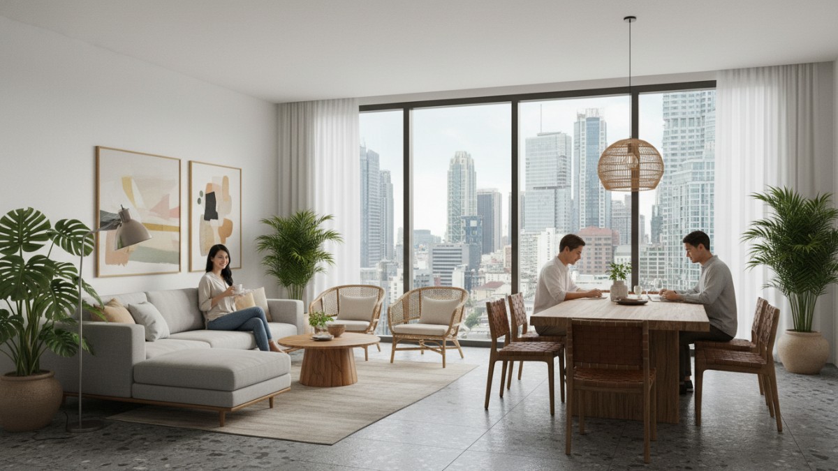 Konsep ruang tamu open space dengan sofa sebagai pembatas 