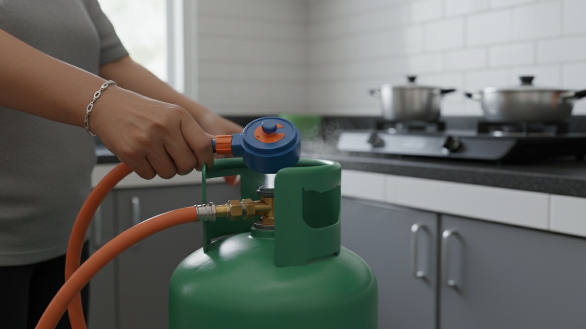 Close-up regulator gas yang tidak terpasang rapat, penyebab bau gas di dapur 