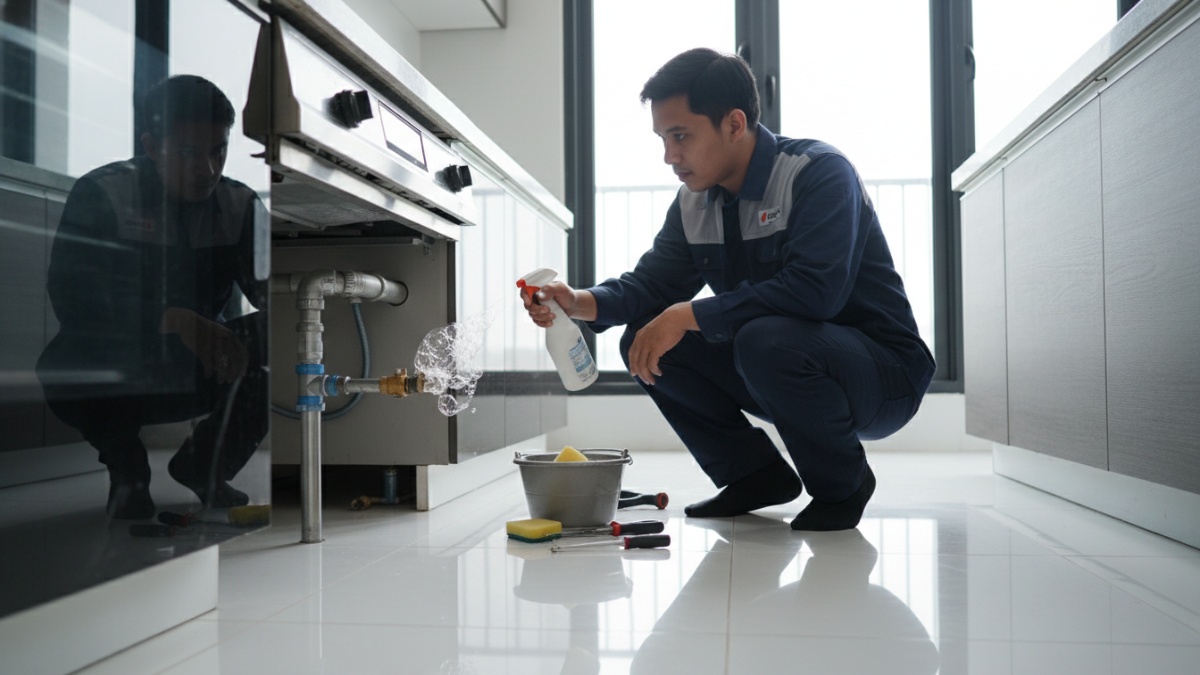 Proses pengecekan kebocoran gas menggunakan air sabun sederhana 