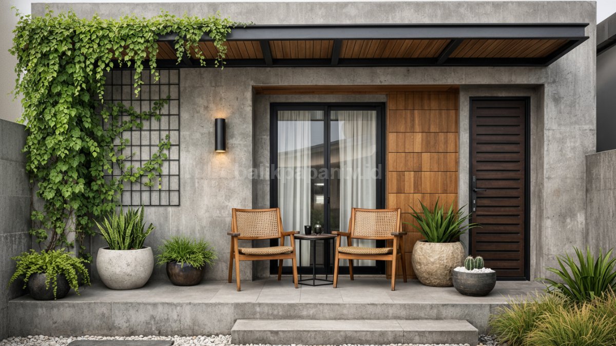 Dinding depan rumah minimalis dengan kombinasi beton ekspos dan tanaman rambat.