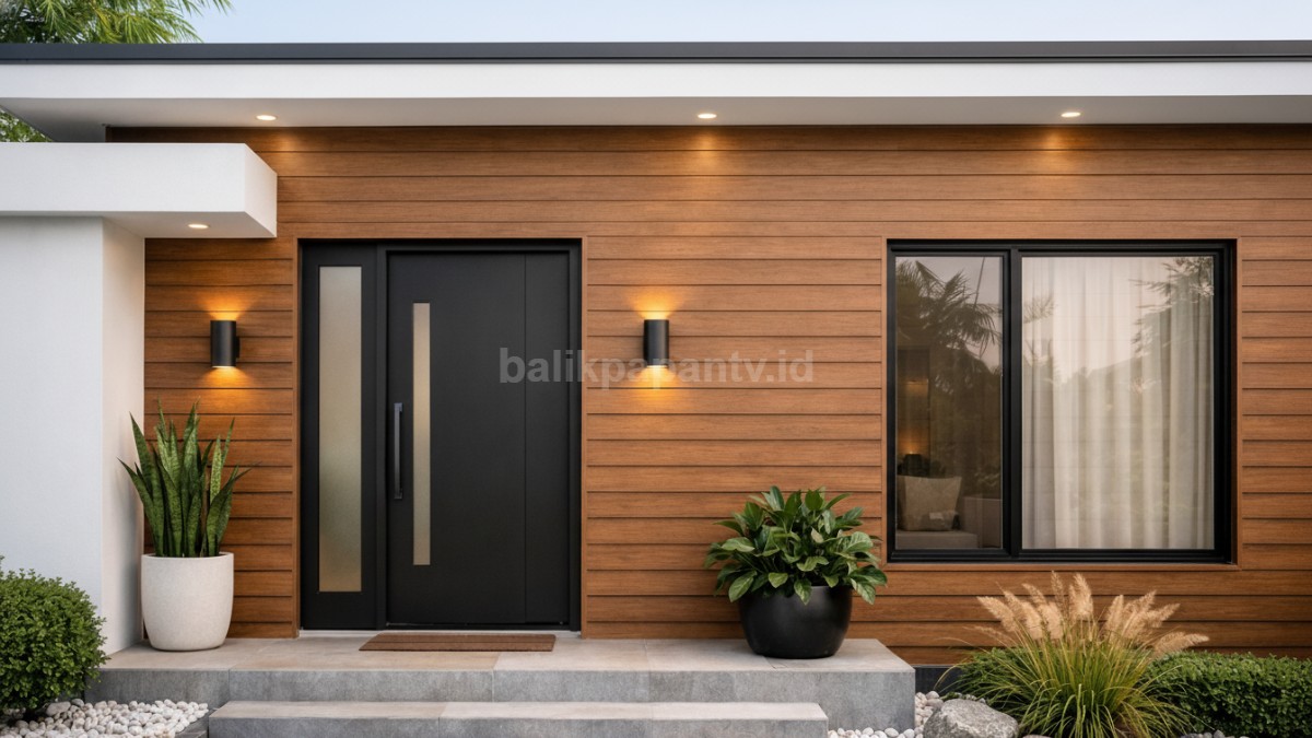 Dinding depan rumah minimalis dengan panel kayu atau motif kayu sintetis.