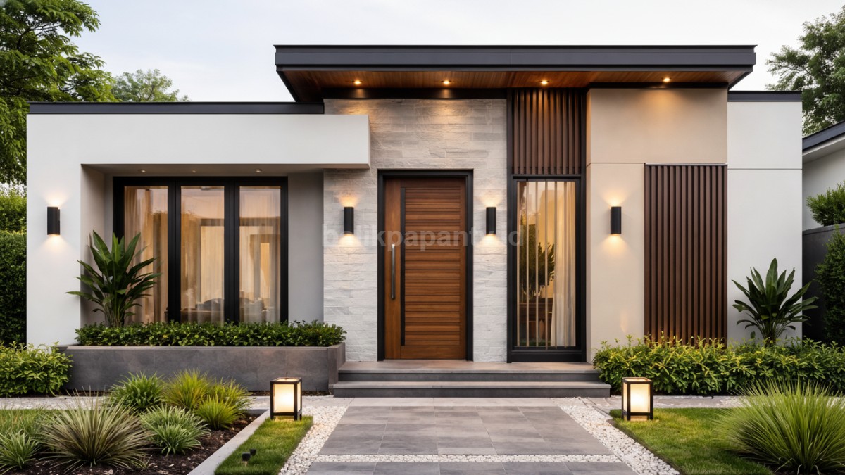 Dinding depan rumah minimalis cat warna netral dengan aksen kontras.