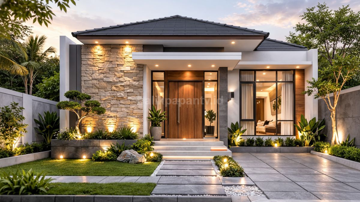Dinding depan rumah minimalis dengan batu alam sebagai focal point.