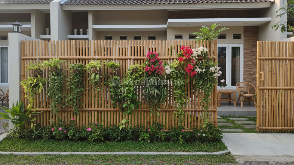 Pagar bambu dengan pot tanaman gantung di rumah subsidi tampak depan, suasana hijau dan adem jadi daya tarik utama