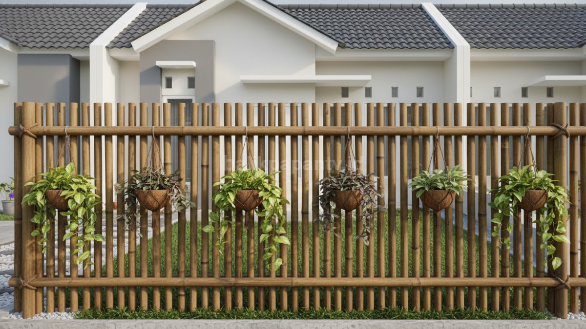  Tampilan pagar bambu sederhana dengan beberapa pot tanaman gantung rapi, menunjukkan perubahan visual rumah kecil jadi lebih hidup