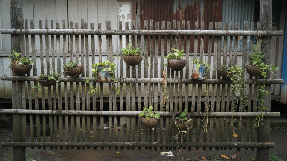  Contoh pagar bambu yang mulai rusak karena tanpa pelapis, terlihat lapuk dan pot gantung tidak tertata