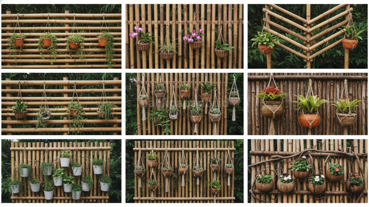 8 inspirasi pagar bambu dengan pot tanaman gantung yang bisa dicoba Kolase beberapa model pagar bambu dengan variasi desain gantung tanaman berbeda, dari horizontal, vertikal sampai zig-zag