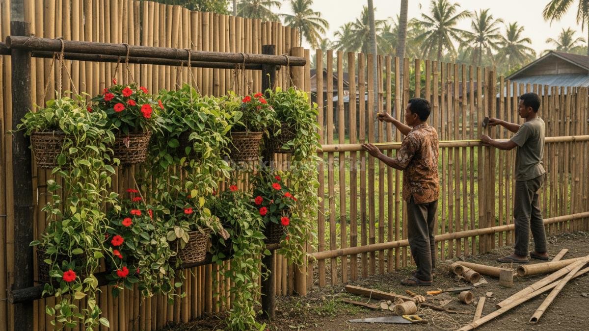  Proses pemasangan pagar bambu dengan pengukuran panjang dan tinggi, terlihat alat kerja dan susunan bambu