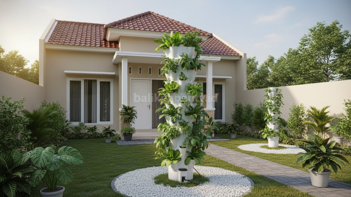 Tower garden di halaman rumah kecil dengan tanaman hijau tumbuh subur menggunakan media tanam modern, terlihat rapi dan hemat tempat