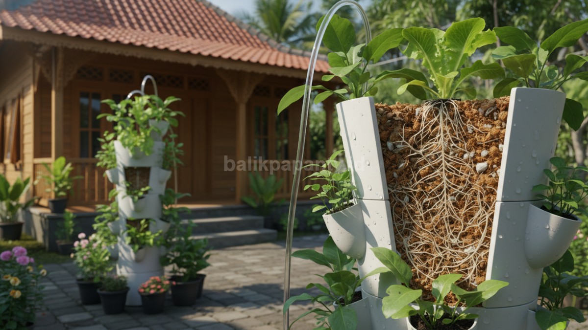  Close-up media tanam di dalam pot tower garden, terlihat tekstur ringan dan poros sebagai penopang akar tanaman