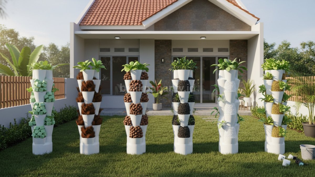 6 media tanam tower garden yang terbukti efektif di lapangan Tampilan berbagai jenis media tanam seperti rockwool, cocopeat, hidroton, arang sekam, perlite, dan vermiculite disusun berdampingan