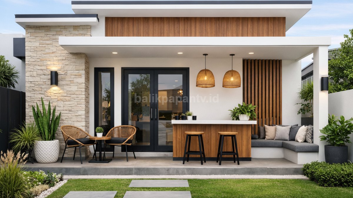 Dinding depan rumah minimalis bergaya kafe.
