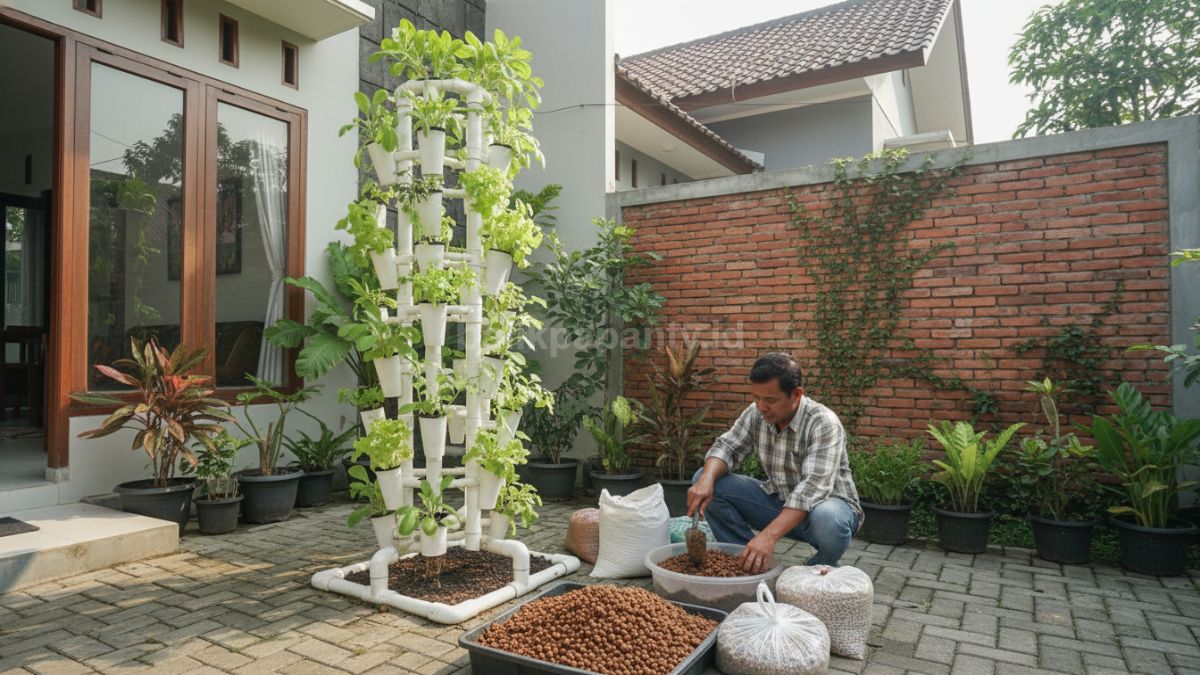  Proses mencampur cocopeat, arang sekam, dan hidroton dengan perbandingan tertentu di wadah sebelum digunakan