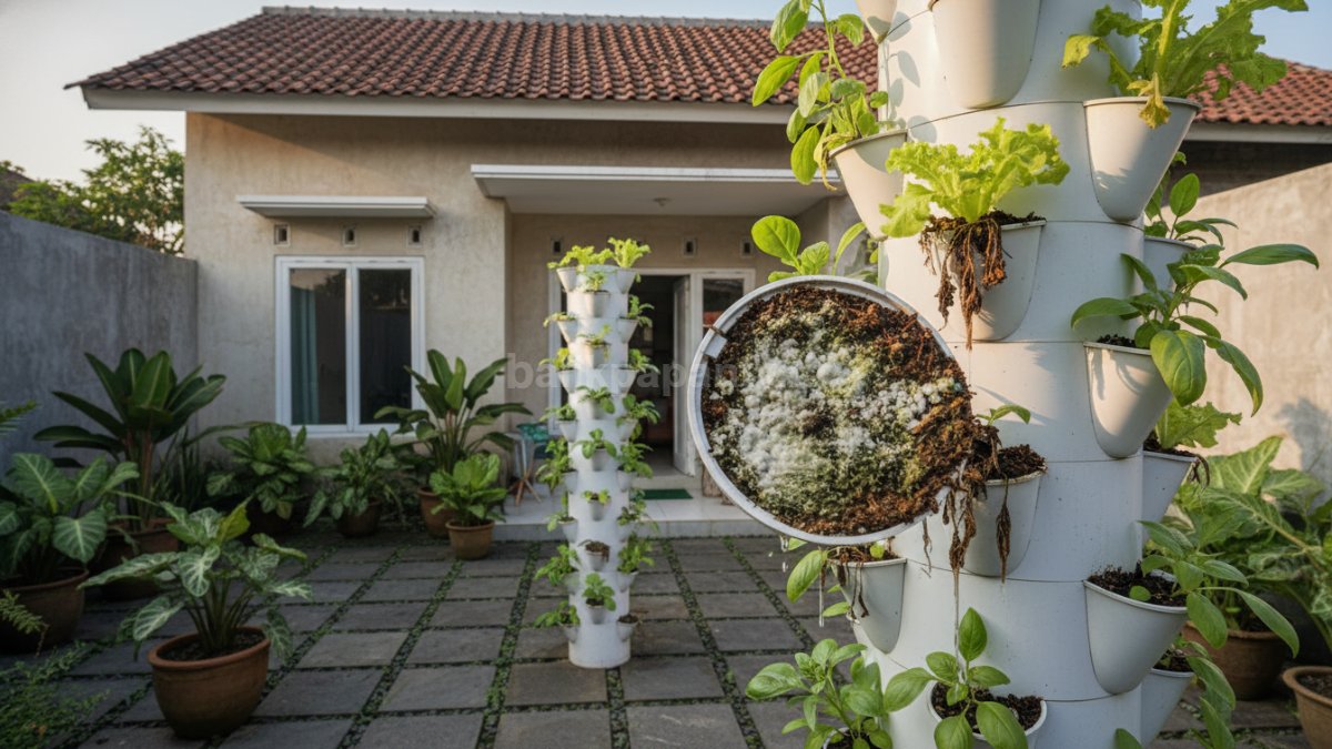  Media tanam yang berjamur dan terlalu basah di dalam pot tower garden sebagai ilustrasi masalah umum