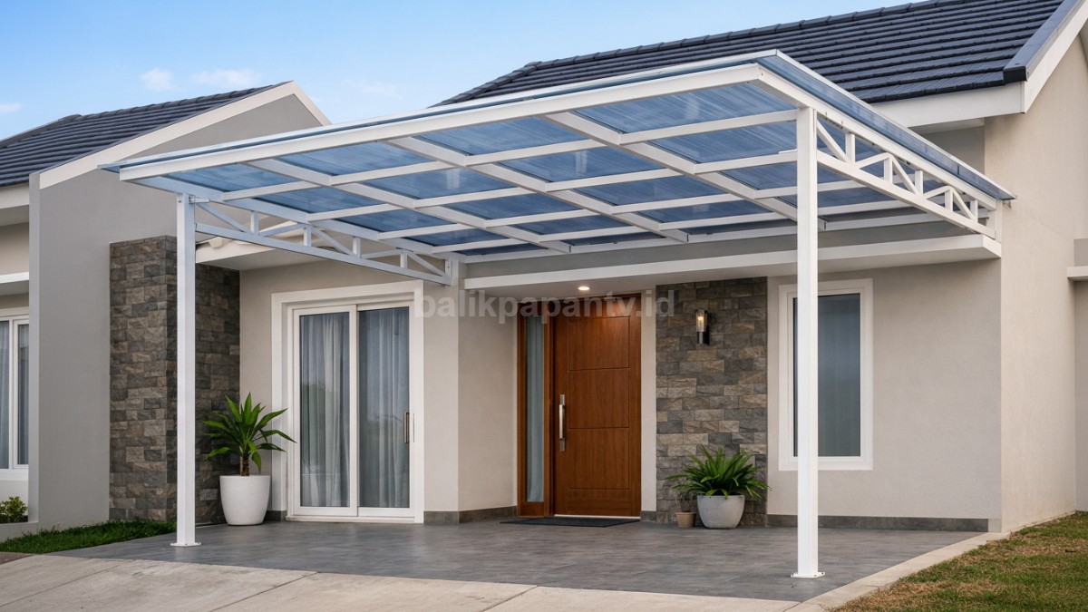 Kanopi baja ringan + atap polycarbonate di teras rumah.
