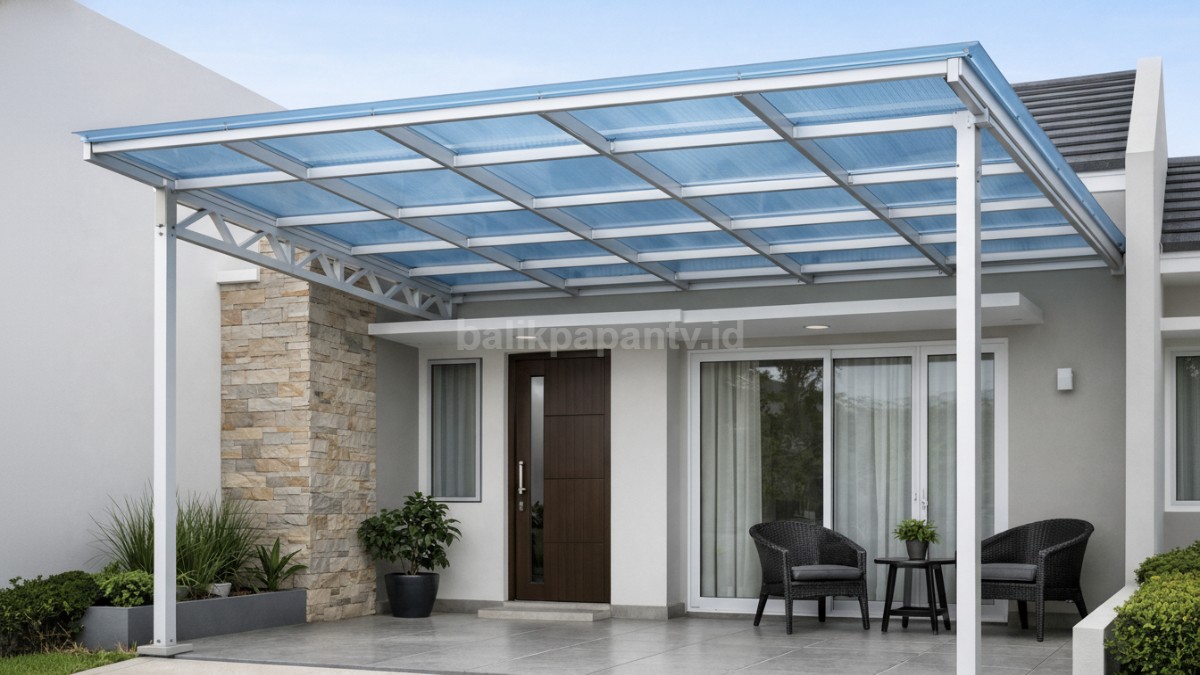 Kanopi teras rumah minimalis dengan desain simpel dan material modern yang menciptakan kesan elegan pada fasad rumah.