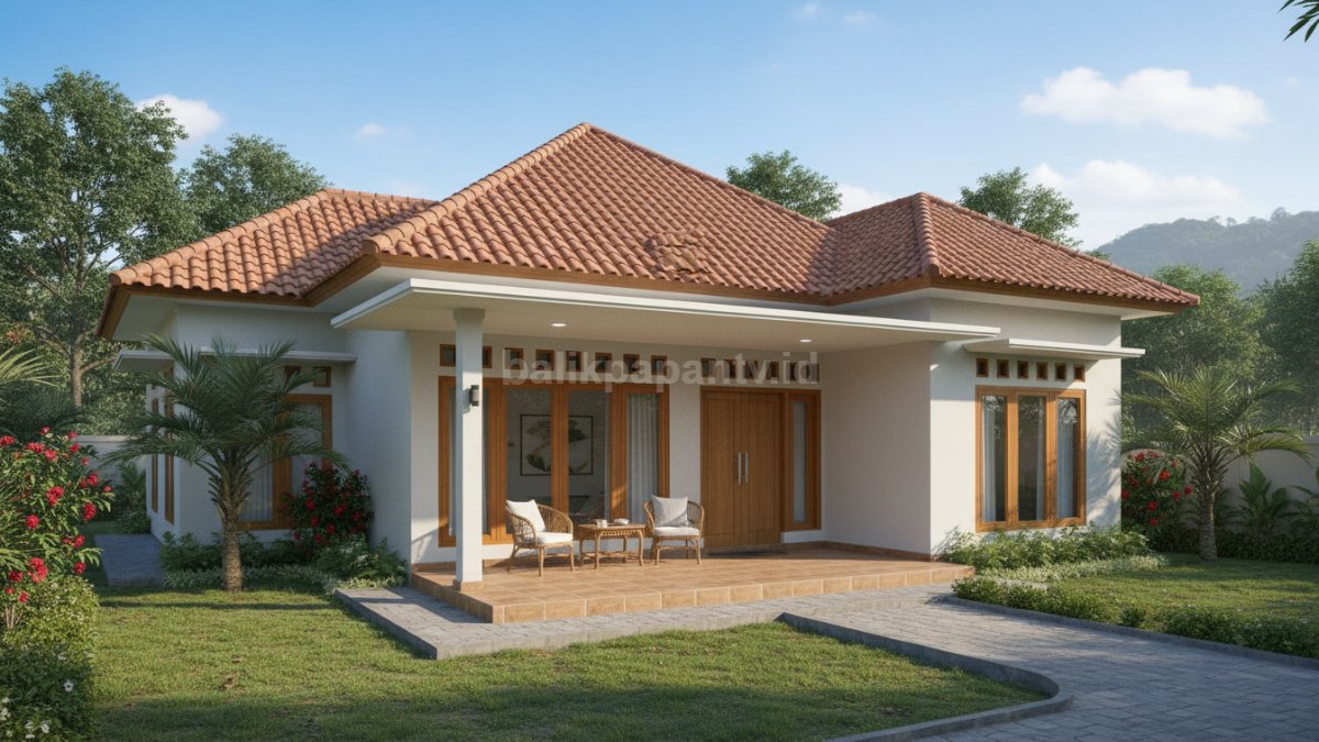 Rumah 1 lantai atap genteng dengan desain sederhana, teras luas dan akses tanpa tangga cocok untuk masa pensiun nyaman