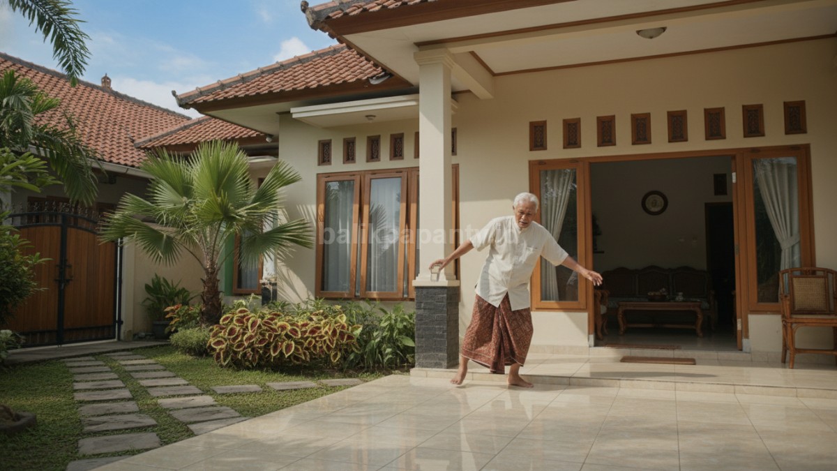 Contoh lantai rumah licin mengkilap yang berisiko menyebabkan lansia tergelincir di dalam rumah