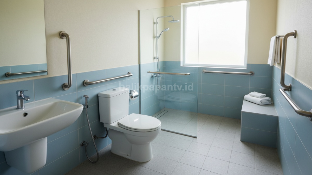 Kamar mandi lansia dengan lantai anti slip dan pegangan dinding sebagai fitur keamanan utama
