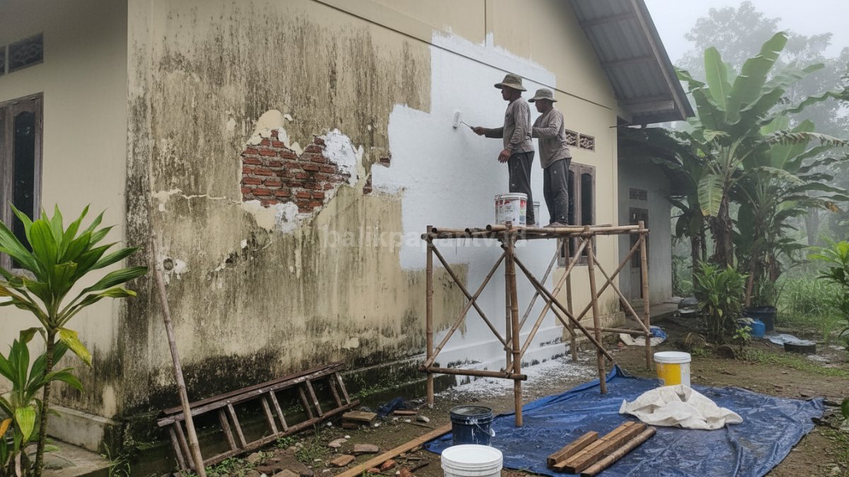 Ilustrasi pekerja mengecat ulang dinding rumah dengan cat anti jamur dan pelapis anti air