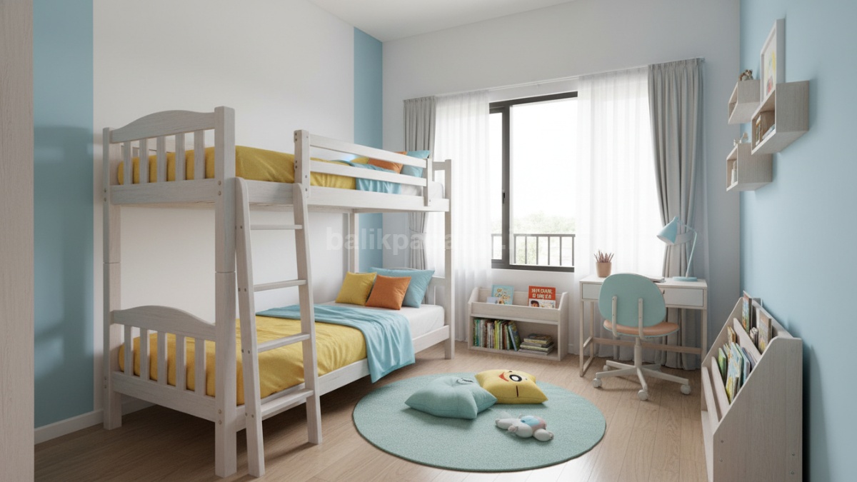 Foto kamar anak di rumah kecil dua lantai dengan desain minimalis, tempat tidur tingkat, warna cerah, dan ruang tetap terasa lega