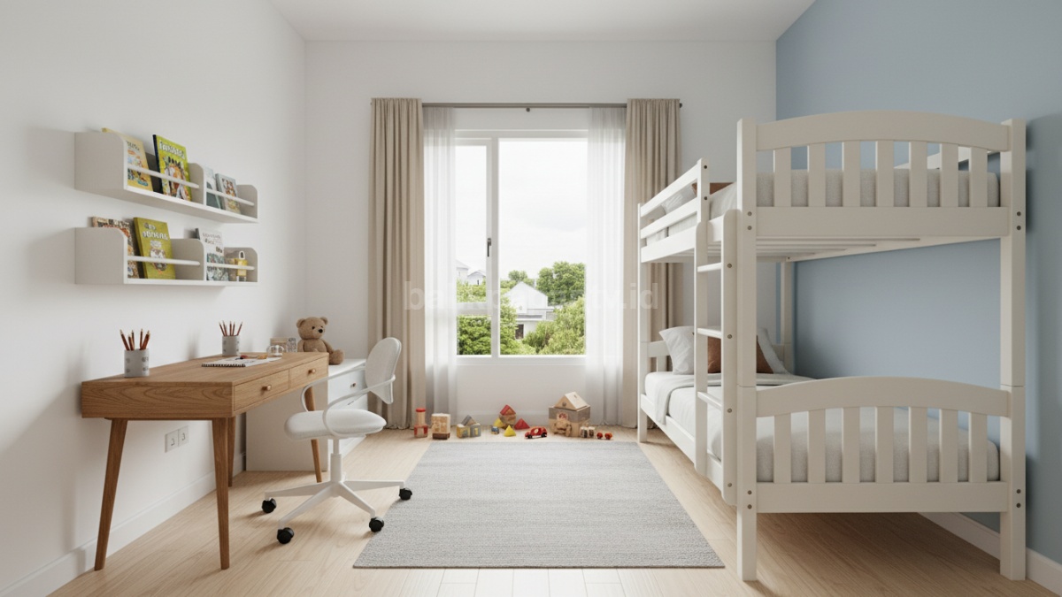Foto kamar anak kecil dengan bunk bed (tempat tidur tingkat) dan meja belajar di bawahnya, terlihat hemat ruang dan rapi