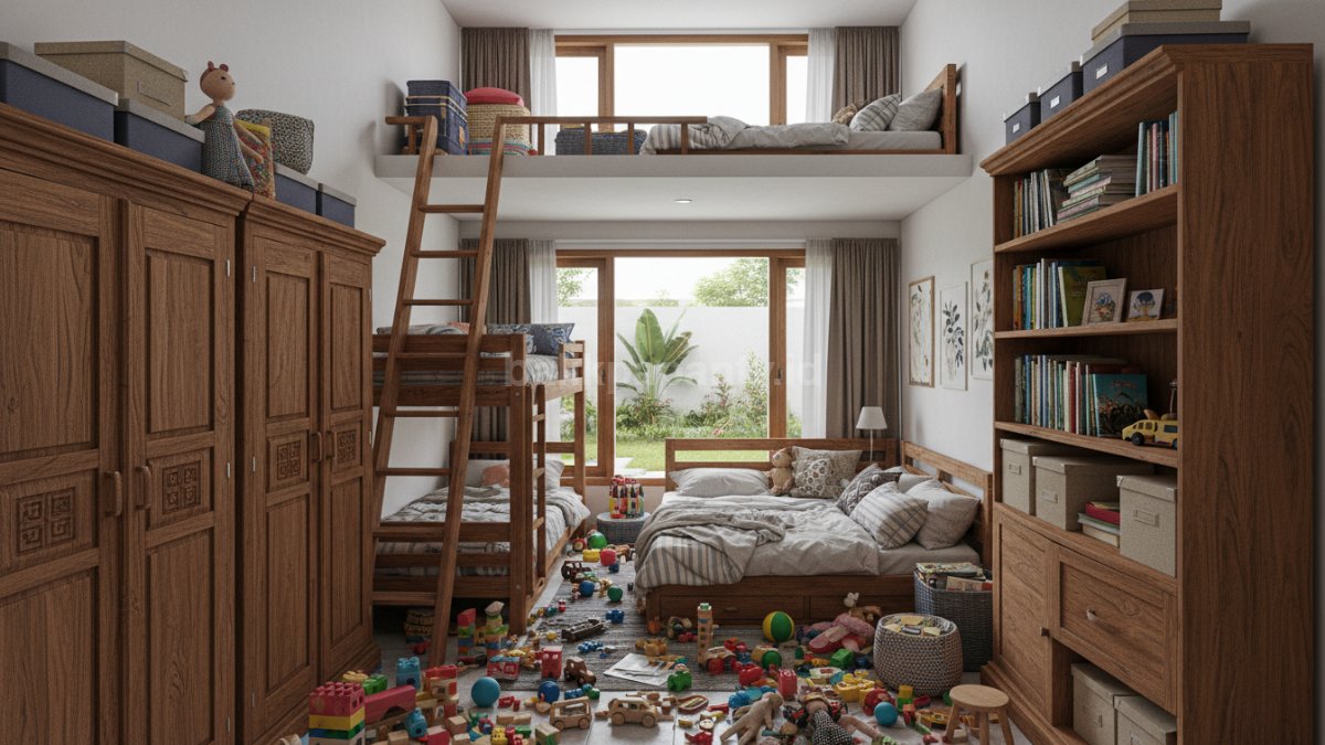 Foto kamar anak yang terlalu penuh dengan lemari besar, mainan berserakan, dan ruang gerak sempit