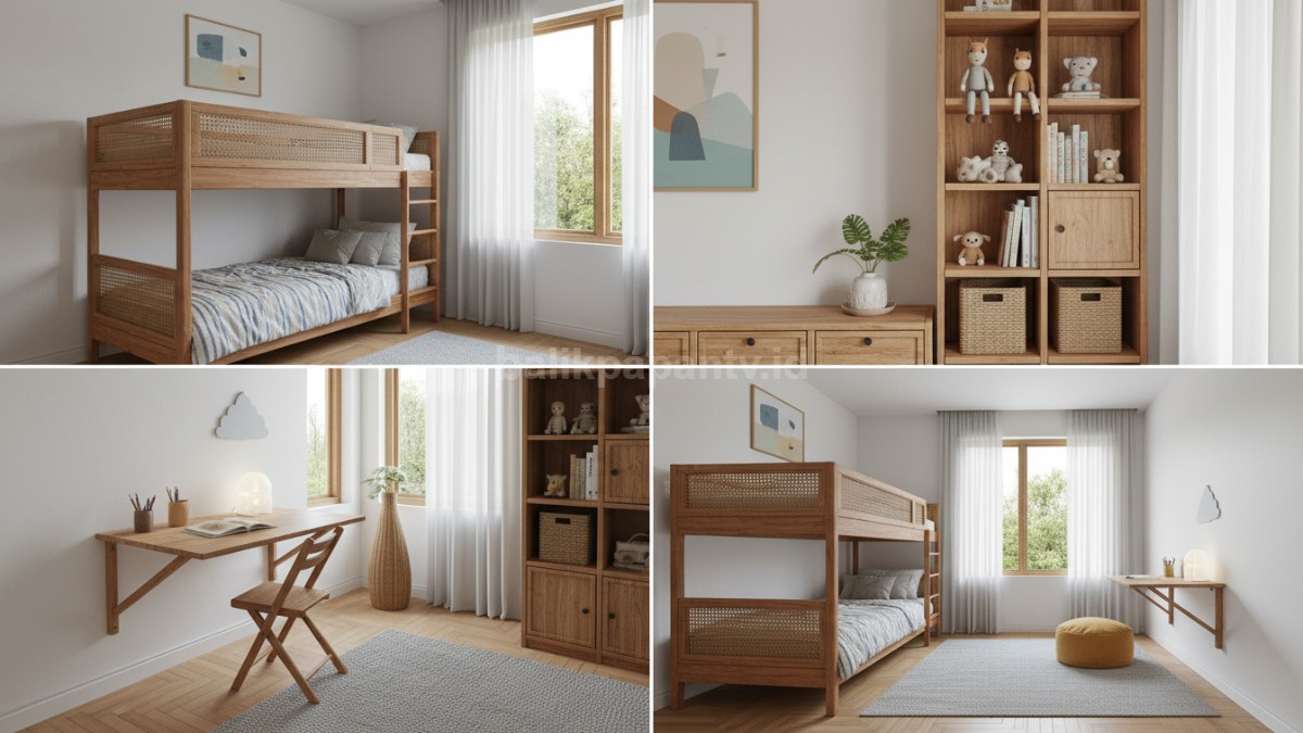 Kolase beberapa desain kamar anak: tempat tidur tingkat, rak vertikal, meja lipat, dan konsep minimalis multifungsi