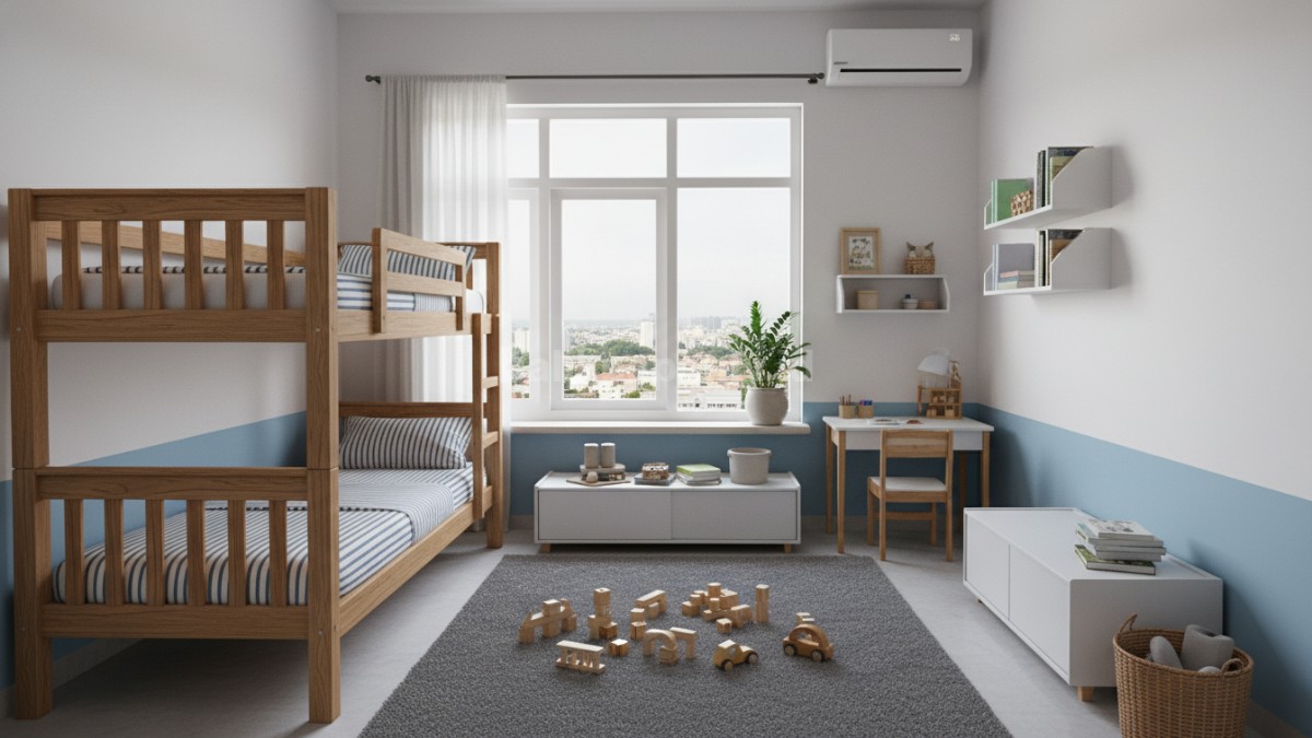 Foto kamar anak rapi, terang, dengan jendela besar, furnitur sederhana, dan area bermain yang masih tersedia