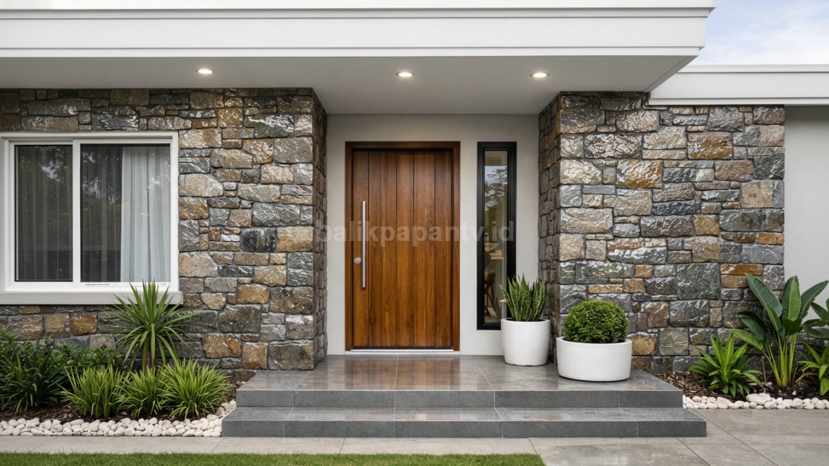 Fasad rumah minimalis modern dengan warna cat batu alam transparan glossy yang terlihat elegan.