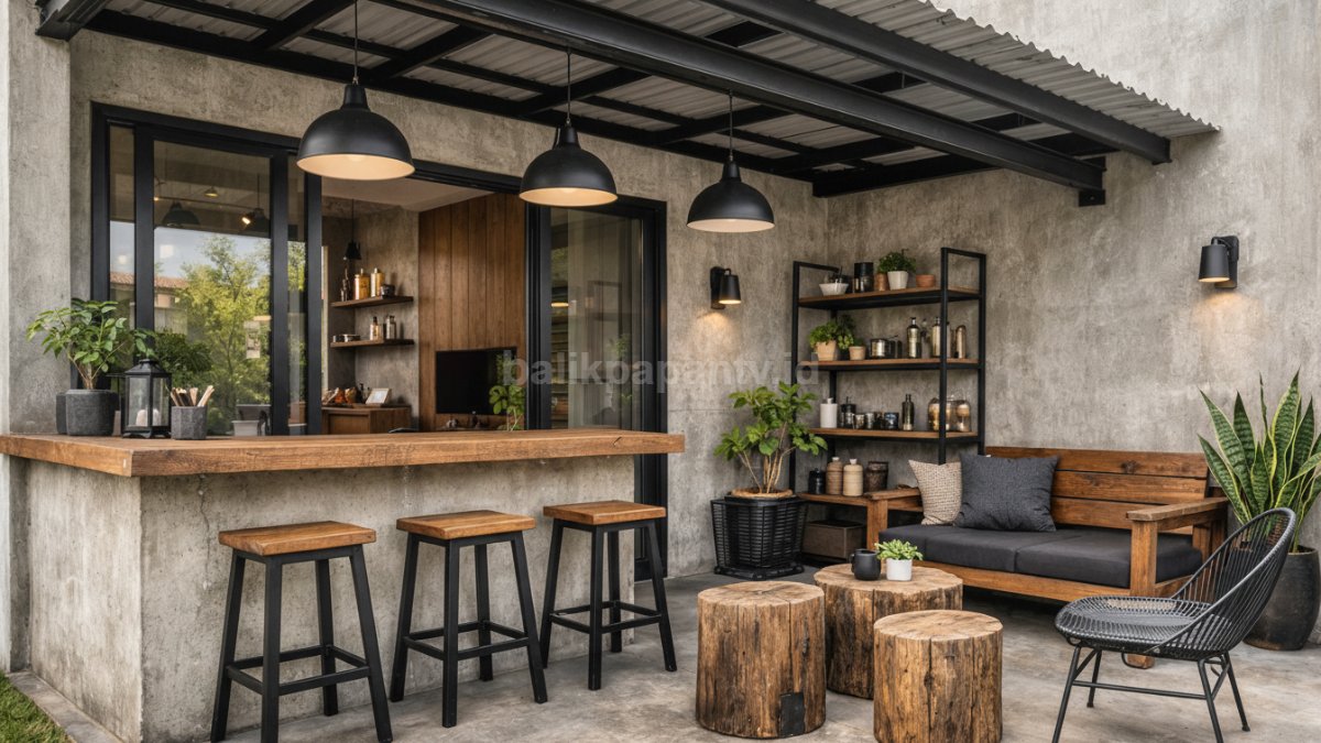 Teras rumah minimalis bergaya kafe industrial ringan.
