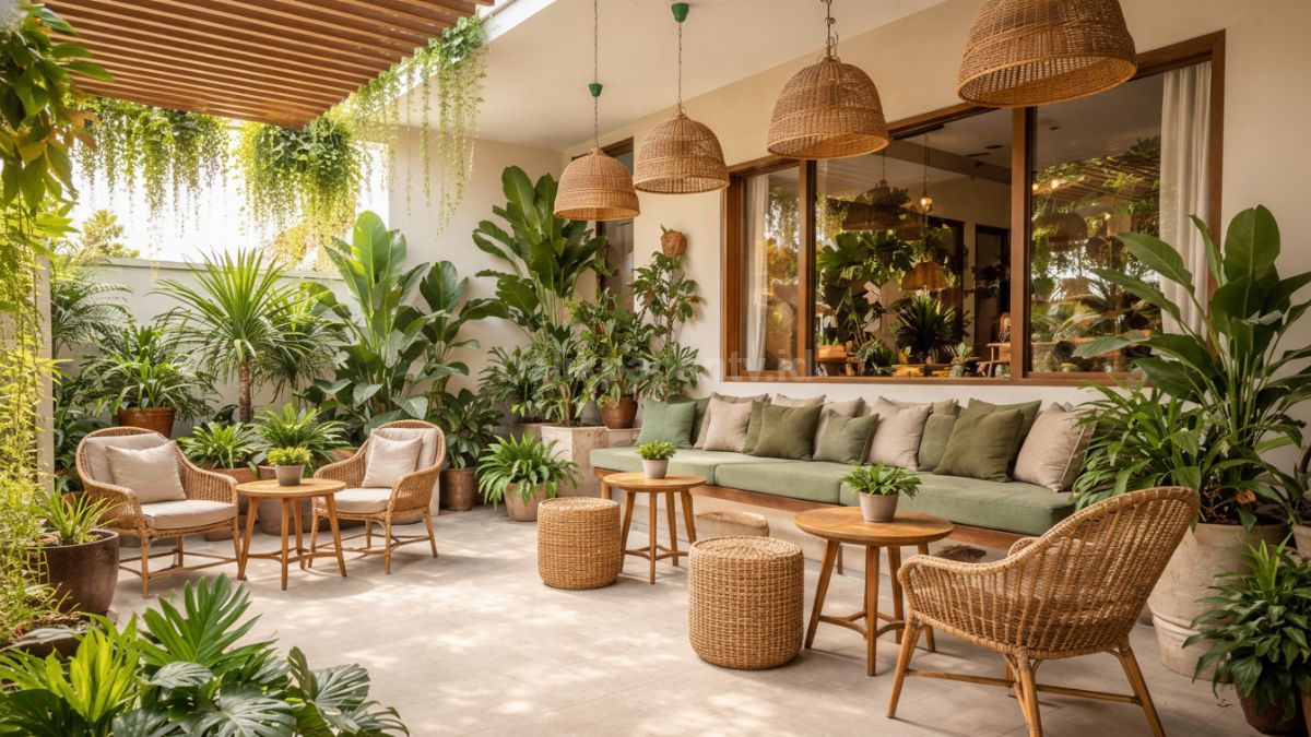 Teras rumah minimalis konsep tropical cafe.