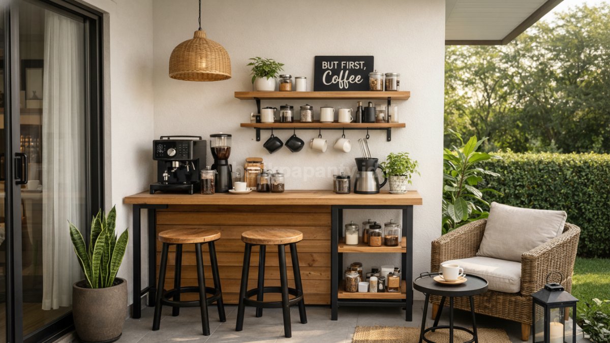 Teras rumah konsep coffee corner minimalis.
