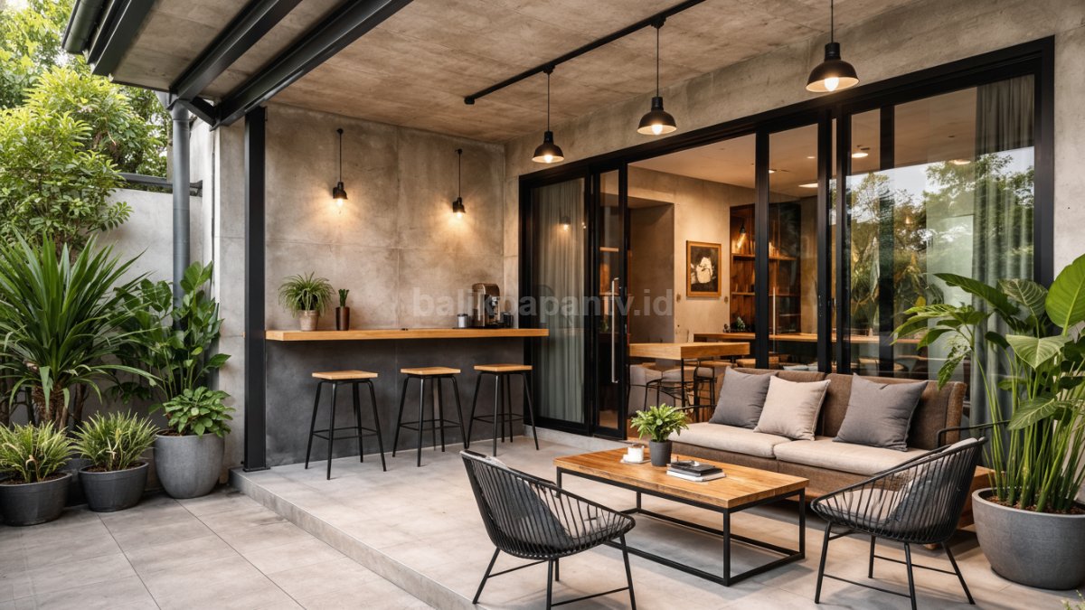 Teras rumah minimalis bergaya kafe, menciptakan suasana santai ala coffee shop modern.
