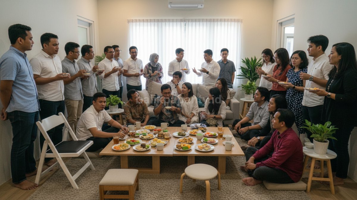Kenapa ruang tamu sempit sering terasa sumpek saat open house? Gambar: Ruang tamu sempit penuh kursi tambahan dan meja, terlihat padat dengan tamu berdiri karena ruang gerak terbatas.