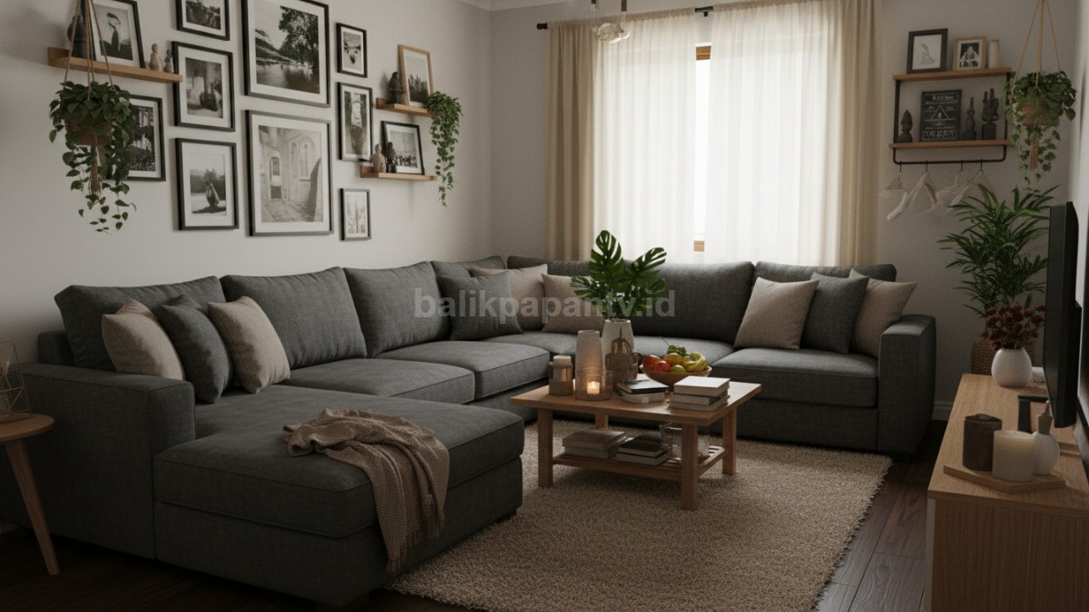 Apa kesalahan umum saat menata ruang tamu kecil? Gambar: Sofa besar memenuhi ruang kecil, dekorasi berlebihan di meja dan dinding, membuat ruangan terlihat sesak.