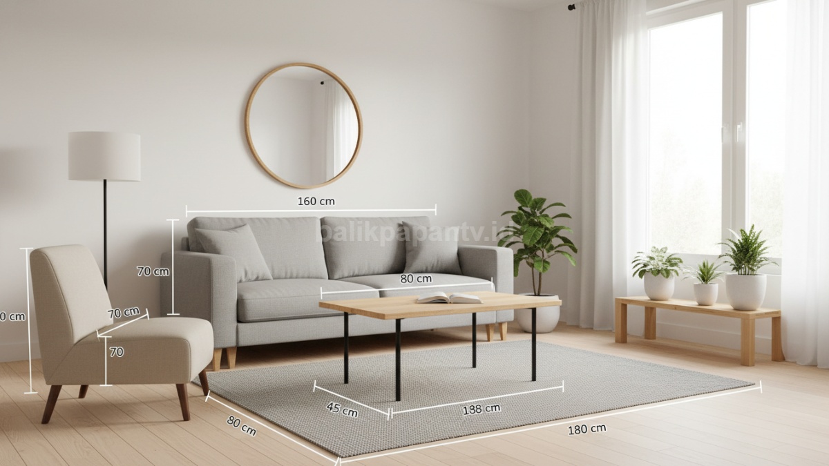 Ilustrasi ukuran sofa, meja, dan jarak antar furnitur dalam ruang tamu kecil dengan anotasi ukuran.