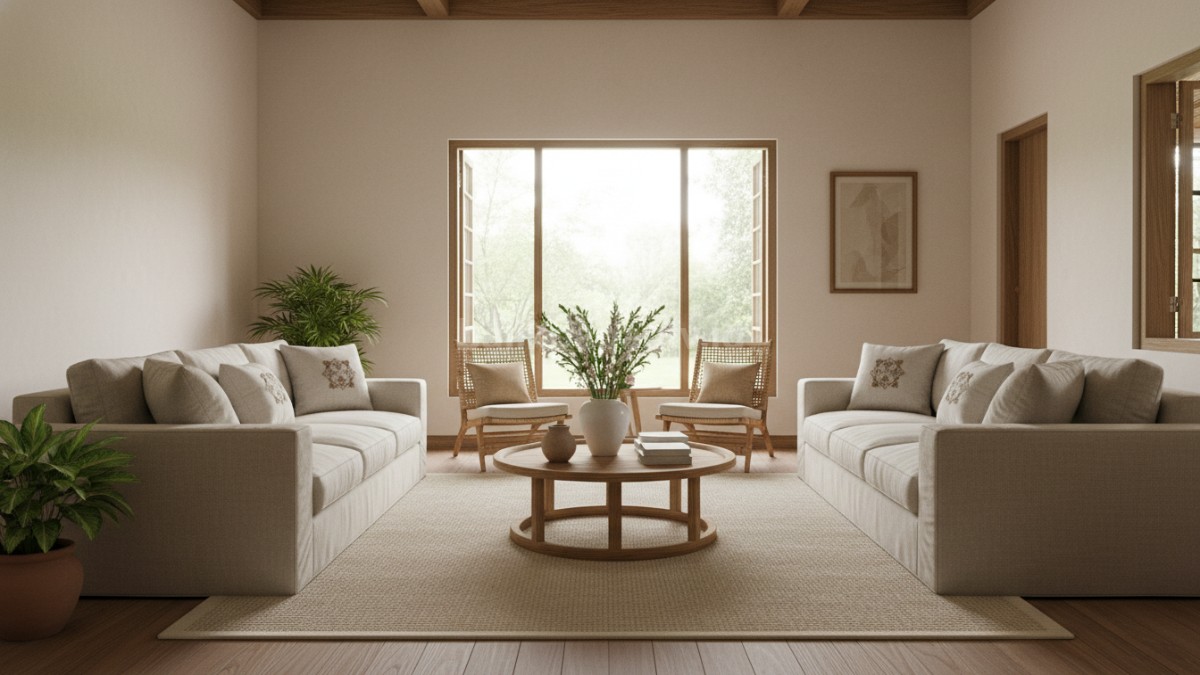 Ruang tamu dengan warna krem dan beige dipadukan elemen kayu alami, pencahayaan masuk dari jendela membuat ruangan terlihat terang dan luas.
