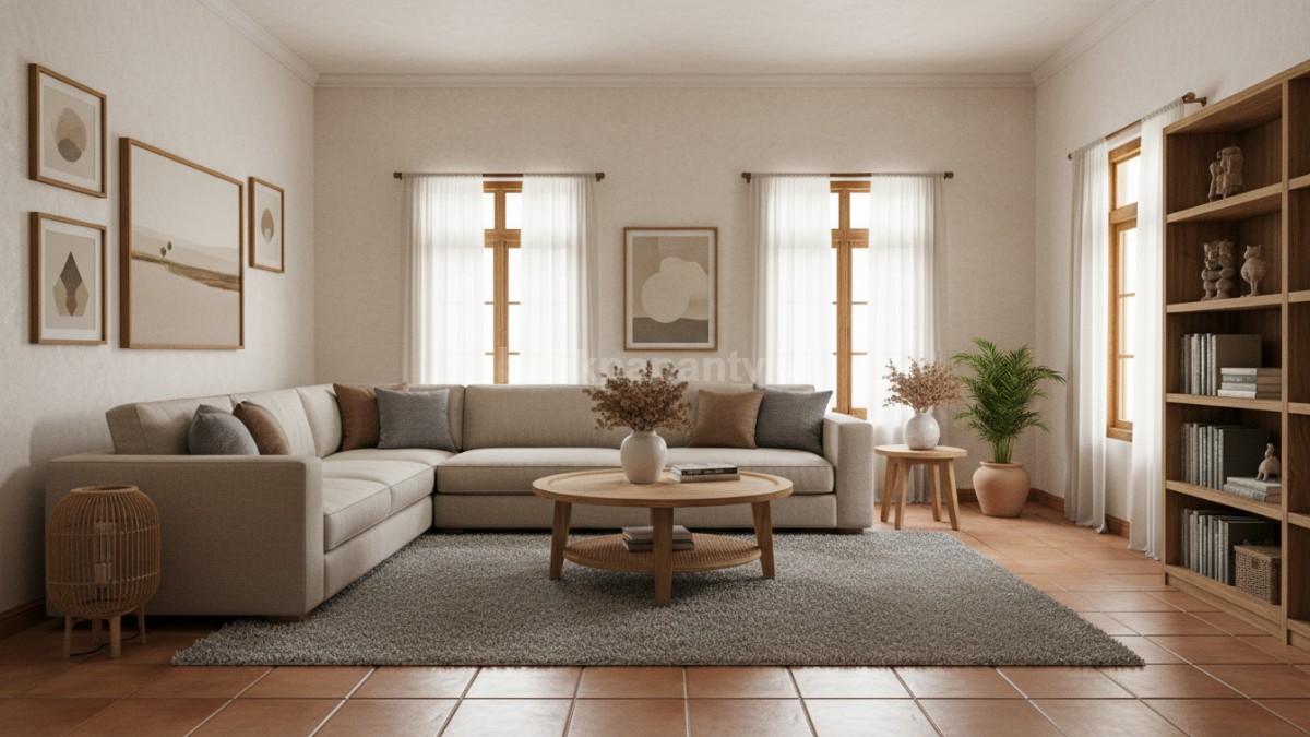 Ruang tamu terlihat kusam dengan warna tidak sesuai pencahayaan, furnitur tidak menyatu dengan warna dinding.