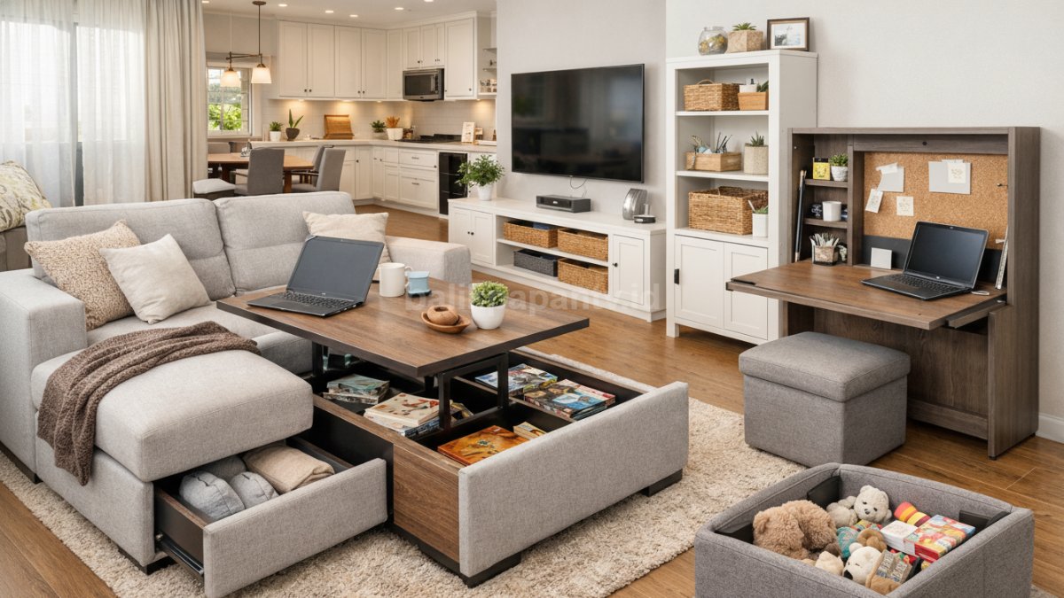 Furnitur multifungsi di ruang tamu.