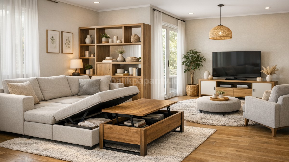 Ruang tamu dan ruang keluarga menyatu dengan sofa minimalis, terlihat rapi dan nyaman untuk aktivitas harian.