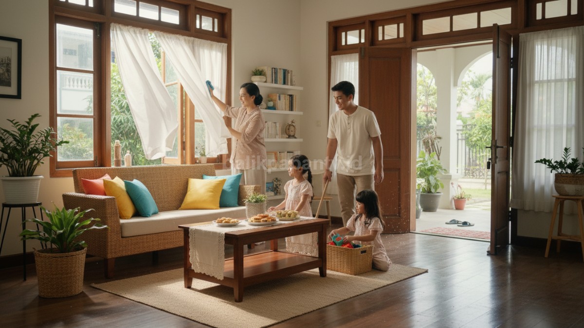 Aktivitas keluarga membersihkan rumah bersama jelang Lebaran, suasana cerah, rumah mulai terlihat rapi dan siap menyambut tamu