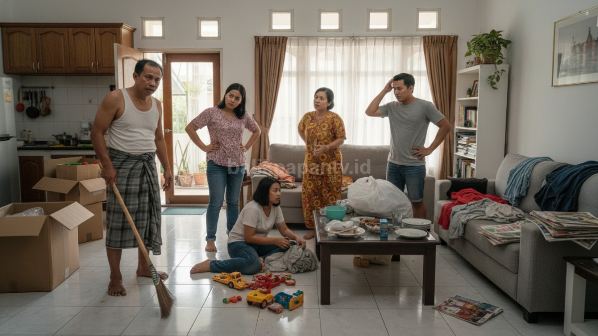 Kondisi rumah dengan beberapa area berantakan sekaligus, orang terlihat bingung menentukan mana yang harus dibersihkan dulu
