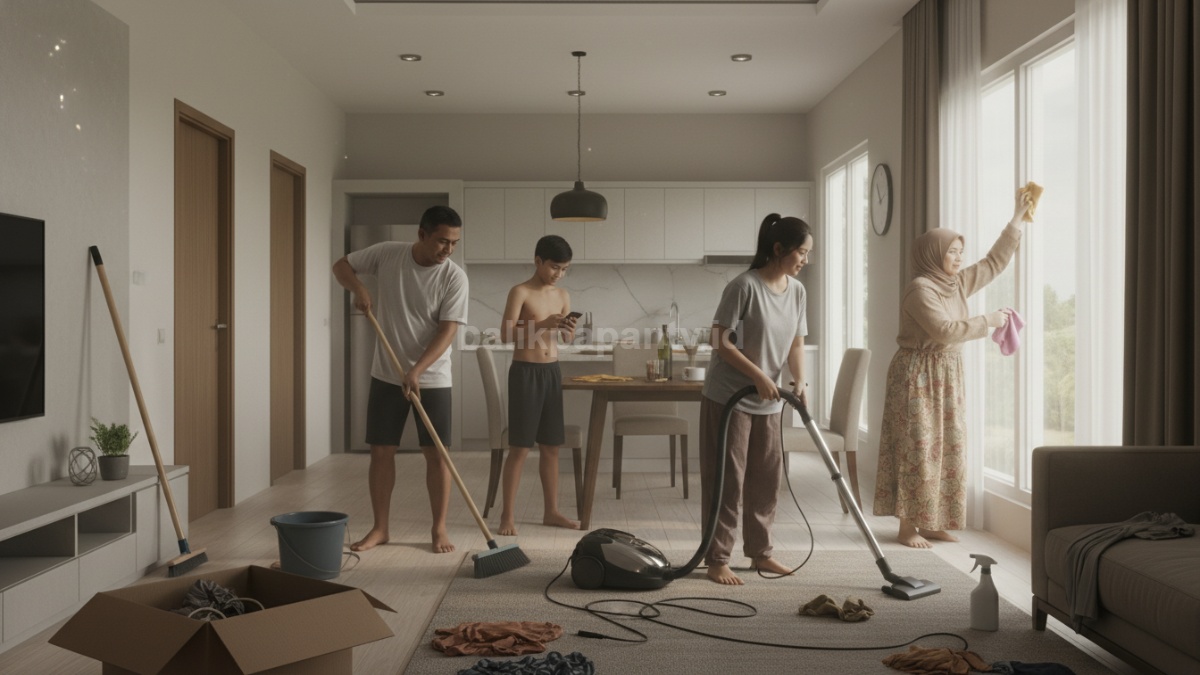 Seseorang membersihkan rumah sambil berpindah-pindah area, alat kebersihan tersebar, pekerjaan terlihat tidak terarah