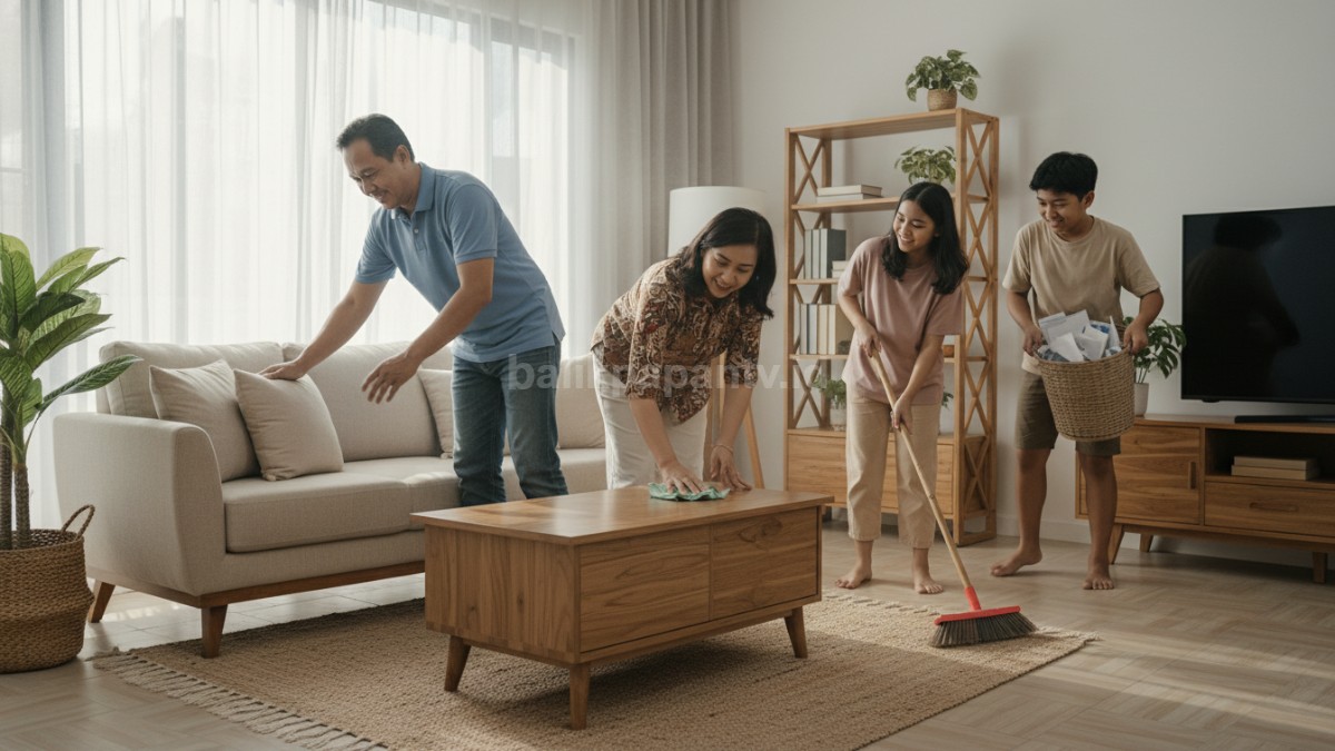 Aktivitas membersihkan ruang tamu secara fokus, dimulai dari merapikan sofa, meja, lalu menyapu lantai secara berurutan
